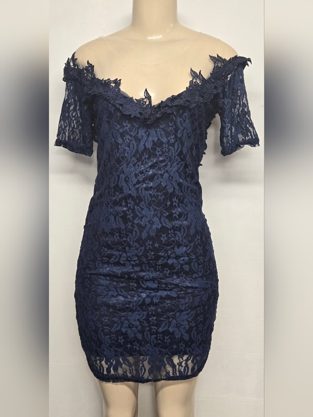 Design By Korea S Blue Lace Dress Neck, Back And Shoulder Netting New